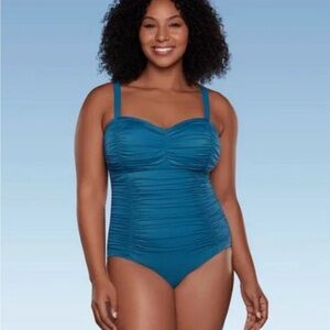 Shape and Style Ruched Teal One-Piece Swimsuit with Removable Straps